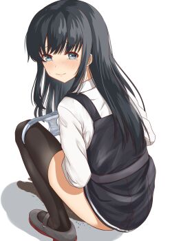 1girl asashio_(kancolle) black_dress black_hair black_thighhighs blush bow bow_panties closed_mouth commentary_request dress embarrassed full_body grey_eyes grey_shoes highres kantai_collection long_hair long_sleeves looking_at_viewer looking_back mary_janes panties panty_pull panty_tag pee pee_puddle pee_stain petite pinafore_dress raised_inner_eyebrows shadow shirt shoes simple_background sleeveless sleeveless_dress solo squatting stained_panties straight_hair tearing_up thighhighs turning_head underwear variant_set white_background white_panties white_shirt wispy_bangs zuki