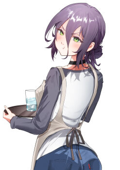 1girl absurdres apron black_choker blue_pants chainsaw_man choker closed_mouth cup drink green_eyes grey_apron hair_between_eyes hair_bun highres holding holding_tray looking_at_viewer looking_back pants pout purple_hair reze_(chainsaw_man) shirt simple_background solo tray ver_min27 water white_background white_shirt