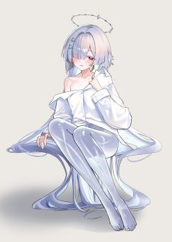 1girl absurdres barefoot breasts chuvi_y collarbone colored_eyelashes commentary eyes_visible_through_hair feet full_body grey_background grey_hair hair_intakes hair_ornament hair_over_one_eye halo highres invisible_chair long_hair mornye_(wuthering_waves) no_pants red_eyes see-through_body shirt simple_background single_bare_shoulder single_off_shoulder sitting small_breasts solo symbol-only_commentary toes very_long_hair white_shirt wuthering_waves