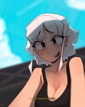 Rule 34 | 1girl, blue sky, breasts, highres, open mouth, original, shibansfw, short hair, sky, smile, solo, umamusume, white hair