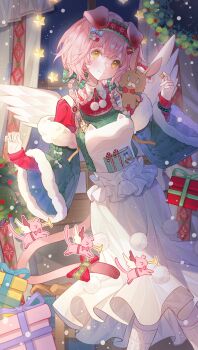 1girl absurdres angel_wings animal_ears arknights bow bracelet braid braided_hair_rings candy candy_cane cat_ears cat_girl cat_tail chinese_commentary christmas commentary_request detached_sleeves double-parted_bangs dutch_angle feet_out_of_frame floppy_ears food frilled_skirt frills fur-trimmed_sleeves fur_trim gift goldenglow_(arknights) goldenglow_(maiden_for_the_bright_night)_(arknights) green_sleeves hair_between_eyes hair_bow hair_rings hairband hands_up head_tilt highres holding holding_star indoors jewelry layered_sleeves long_sleeves looking_at_viewer official_alternate_costume overall_skirt pink_hair pom_pom_(clothes) print_hairband red_hairband red_shirt scottish_fold shirt skirt sleeves_past_wrists smile socks solo standing star_(symbol) tail tail_bow tail_ornament utaki_(weibo_5352293731) white_skirt white_socks window wings wreath yellow_eyes