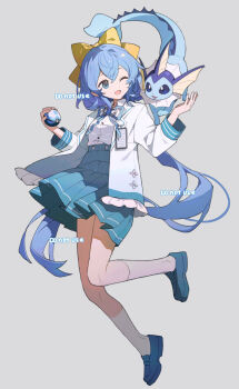 1girl :d ame_ame blue_eyes blue_hair blue_ribbon blue_shoes blue_skirt bow collared_shirt double-parted_bangs frilled_jacket frills full_body gen_1_pokemon grey_background hair_bow hands_up highres holding holding_poke_ball jacket long_hair long_sleeves neck_ribbon nintendo open_clothes open_jacket open_mouth original pleated_skirt poke_ball pokemon pokemon_(creature) ribbon shirt shoes simple_background skirt smile socks solo standing standing_on_one_leg vaporeon watermark white_jacket white_shirt white_socks yellow_bow