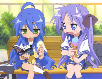 Rule 34 | 00s, 2girls, angry, fate/stay night, fate (series), food, hiiragi kagami, ice cream, izumi konata, lucky star, melting, multiple girls, official art, reading, school uniform, serafuku, yamada naoko
