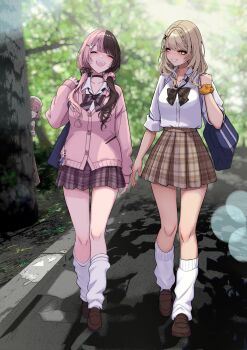 3girls alternate_costume amayui_moka bag behind_tree beret black_choker black_nails blush bow bowtie braid braided_bangs brown_bow brown_bowtie brown_hair brown_shoes brown_skirt cardigan charm_(object) choker closed_eyes collared_shirt commentary_request diagonal-striped_bow diagonal-striped_bowtie diagonal-striped_clothes dress_shirt grin gyaru hair_ornament hair_scrunchie hat highres kaminari_qpi loafers long_hair long_sleeves loose_bowtie loose_socks low_twintails miniskirt multicolored_hair multiple_girls noli-pee_(little_stupid) nose_blush official_alternate_costume open_mouth orange_eyes orange_scrunchie outdoors pink_cardigan pink_hair pink_scrunchie plaid_clothes plaid_skirt pleated_skirt rabbit_hair_ornament school_bag school_uniform scrunchie shirt shoes skirt sleeve_rolled_up sleeves_past_wrists smile socks split-color_hair stalking striped_bow striped_bowtie striped_clothes tachibana_hinano tachibana_hinano_(school_uniform) tree twintails two-tone_hair virtual_youtuber vspo! walking white_hat white_shirt wing_collar wrist_scrunchie