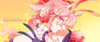 Rule 34 | 1girl, alternate costume, animal ears, black gloves, character name, collarbone, commentary, copyright name, evanescia (honkai: star rail), facing to the side, flower, fox ears, fox girl, fox mask, gloves, gradient background, hair flower, hair ornament, highres, honkai: star rail, honkai (series), looking at viewer, mask, parted lips, pink hair, portrait, purple eyes, saskeboom, sideways glance, solo, untranslatable commentary, w, yellow background