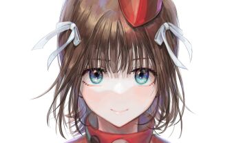 1girl amami_haruka blunt_bangs bright_pupils brown_hair garrison_cap hair_ribbon hat highres idol idolmaster idolmaster_(classic) looking_at_viewer mini_hat oohhya portrait ribbon simple_background smile solo voy@ger_(idolmaster) white_background