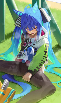 1girl @_@ ahoge animal_ears aqua_hair black_pants blue_hair blush breath commentary_request crossed_bangs ear_covers exhausted grass highres hood hoodie horse_ears horse_girl horse_tail long_hair long_sleeves looking_at_viewer multicolored_hair multicolored_hoodie ningen_gokko on_grass one_eye_closed open_mouth pants sharp_teeth sitting smile solo steam stuffed_animal stuffed_rabbit stuffed_toy sweat tail teeth twin_turbo_(blast_mode!_turbo_engine)_(umamusume) twin_turbo_(umamusume) twintails umamusume