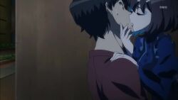 1boy 1girl animated assertive_female black_hair blue_eyes blue_hair breasts close-up death doll doll_joints drained_of_youth dress eye_markings french_kiss garie_tuman half-closed_eyes hand_on_another&#039;s_chin hetero highres joints kiss kiss_of_death makeup medium_breasts multicolored_hair senki_zesshou_symphogear senki_zesshou_symphogear_gx sharp_teeth short_hair smile sound teeth tiptoe_kiss tiptoes video