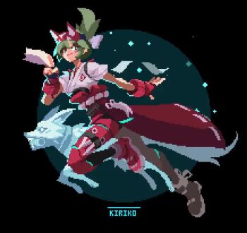 1girl animated black_background fingerless_gloves gloves green_hair kiriko_(overwatch) looping_animation ojaekay overwatch overwatch_2 pixel_art running solo tagme video wind