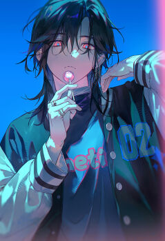 1boy black_hair blue_background blue_pupils candy closed_mouth earrings expressionless eyelashes eyes_visible_through_hair fingernails food green_jacket highres holding holding_candy holding_food holding_lollipop jacket jewelry lips lollipop long_hair long_sleeves looking_at_viewer male_focus multiple_rings original red_eyes ring simple_background single_earring solo upper_body xiaojiaju