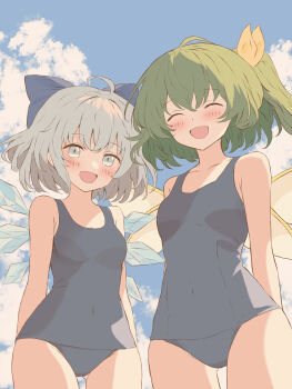 2girls ^_^ absurdres ahoge alternate_costume blue_bow blue_hair blue_one-piece_swimsuit blue_sky blush bow breasts cirno closed_eyes cloud collarbone commentary covered_navel cowboy_shot daiyousei dated_commentary detached_wings facing_viewer fairy fairy_wings gluteal_fold green_hair hair_bow hair_ribbon highres ice ice_wings iris-san looking_at_viewer multiple_girls multiple_wings old_school_swimsuit one-piece_swimsuit one_side_up outdoors ribbon school_swimsuit sky small_breasts smile swimsuit thighs touhou wings yellow_ribbon