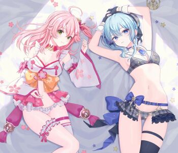 adapted_costume belt bikini black_gloves black_thighhighs blue_belt blue_choker blue_eyes blue_hair breasts choker cleavage closed_mouth collar detached_collar detached_sleeves fingerless_gloves gloves green_eyes grey_bikini grey_skirt highres hololive hoshimachi_suisei hoshimachi_suisei_(1st_costume) japanese_clothes kimono kumano_yume looking_at_viewer medium_breasts medium_hair pink_hair red_collar sakura_miko sakura_miko_(1st_costume) single_thighhigh skirt small_breasts smile swimsuit thigh_strap thighhighs virtual_youtuber white_kimono white_sleeves white_thighhighs