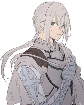1boy armor bedivere_(fate) braid cape commentary fate/grand_order fate_(series) green_eyes grey_cape grey_hair hair_tubes highres long_hair male_focus ponytail prosthesis prosthetic_arm smile solo tofu_(bean359) twitter_username upper_body