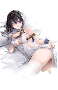 1girl absurdres andoff arm_up armlet bare_shoulders black_hair blush breasts chinese_commentary cleavage cleavage_cutout closed_mouth clothing_cutout commentary_request cropped_legs dress hair_between_eyes hair_ornament highres jewelry large_breasts long_hair looking_at_viewer lying on_side purple_eyes simple_background solo strinova thighhighs white_background white_dress white_thighhighs yvette_(pas_de_deux)_(strinova) yvette_(strinova)