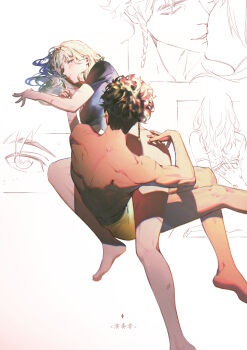 1boy 1girl absurdres black_hair black_shirt breasts bruise claude_von_riegan couple dark-skinned_female dark_skin female_byleth_(awakened)_(fire_emblem) female_byleth_(fire_emblem) fire_emblem fire_emblem:_three_houses hetero highres imminent_kiss injury medium_breasts nintendo official_alternate_hair_color shirt simple_background topless_male white_background zhihaiwusheng