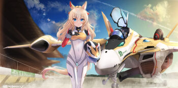 1girl aircraft airplane animal_ears blush bodysuit closed_mouth covered_navel durandal_(umamusume) fighter_jet hand_on_own_chest helmet holding holding_unworn_helmet horse_ears horse_girl horse_tail long_hair looking_at_viewer macross military_vehicle peteron solo tail thigh_gap umamusume unworn_helmet variable_fighter white_bodysuit yf-29