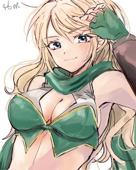1girl armpits blonde_hair blue_eyes breasts cleavage closed_mouth commentary_request crop_top fingerless_gloves gloves green_gloves green_scarf green_shirt grey_shirt hand_up highres long_hair looking_at_viewer medium_breasts meister_(ragnarok_online) ragnarok_online scarf shimako_(user_jsaa7243) shirt simple_background sleeveless sleeveless_shirt smile solo upper_body white_background
