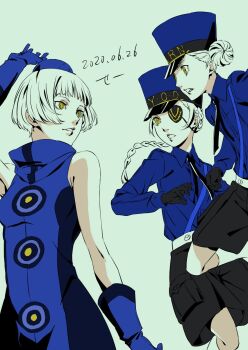 3girls blue_dress blue_gloves blue_hat caroline_(persona_5) dated dress elizabeth_(persona) gloves grey_hair hat highres in-franchise_crossover justine_(persona_5) komatsubara_sei long_hair multiple_girls open_mouth persona persona_3 persona_5 short_hair simple_background sleeveless sleeveless_dress smile white_hair yellow_eyes