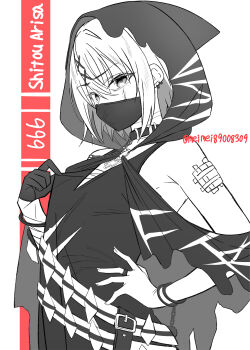 1girl absurdres bare_shoulders belt bracelet character_name commentary_request cowboy_shot dress earrings hair_between_eyes hair_ornament hand_on_own_hip hand_up highres hood hood_up jewelry looking_at_viewer mahou_shoujo_no_majo_saiban mask meimei_(meimei89008309) monochrome mouth_mask partially_colored shito_alisa short_hair solo twitter_username x_hair_ornament