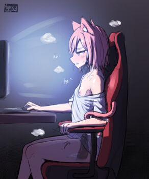 1girl 2023 animal_ear_fluff animal_ears artist_logo artist_name at_computer blush bottomless chair commentary computer computer_mouse dated dildo dildo_reveal dildo_riding english_commentary female_masturbation flat_chest fox_ears fox_girl gaming_chair highres indoors logo masturbation nipple_slip nipples nyaxxy object_insertion on_chair parted_lips red_hair sex_toy shirt short_hair signature sitting solo steam steaming_body swivel_chair white_shirt