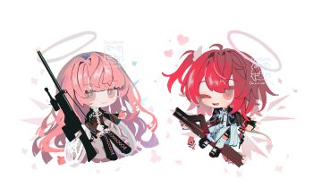 2girls arknights black_boots black_dress black_jacket black_shorts boots chibi closed_mouth commentary dress exusiai_(arknights) exusiai_the_new_covenant_(arknights) full_body gun halo hashtag-only_commentary highres holding holding_gun holding_weapon jacket knee_boots lemuen_(arknights) long_hair long_sleeves looking_at_viewer multiple_girls open_mouth pink_eyes pink_hair red_eyes red_hair shirota_(petapeta84) shorts shorts_under_dress siblings side_ponytail side_slit simple_background sisters smile socks watermark weapon wheelchair white_background white_dress white_socks wings