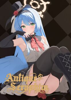 Rule 34 | 1girl, armpits, black boots, black gloves, black hairband, black hat, black panties, black skirt, black thighhighs, blue archive, blue hair, blue wings, boots, commentary, convenient censoring, elbow gloves, feathered wings, flower, gloves, green hair, grey shirt, hairband, halo, hat, hat feather, hat flower, high-waist skirt, highres, knee boots, long hair, looking at viewer, mine (blue archive), mine (idol) (blue archive), neckerchief, official alternate costume, official alternate hairstyle, panties, red flower, red neckerchief, shirt, siu hing5262, skirt, sleeveless, sleeveless shirt, solo, thighhighs, underwear, wings, yellow halo