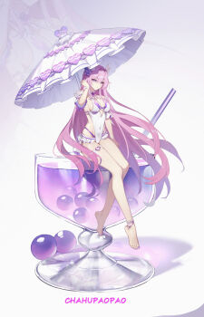 1girl absurdres alternate_costume artist_name bare_legs barefoot breasts chahu_pao chinese_commentary closed_mouth commentary_request covered_navel cup cyrene_(honkai:_star_rail) cyrene_(ripples_of_past_reverie)_(honkai:_star_rail) drinking_glass flower full_body hair_between_eyes hair_flower hair_ornament hand_up highres honkai:_star_rail honkai_(series) large_breasts legs long_hair looking_at_viewer nail_polish one-piece_swimsuit pink_hair purple_eyes purple_flower purple_nails purple_rose rose sideboob smile solo swimsuit thighs toenail_polish toenails umbrella very_long_hair white_one-piece_swimsuit white_umbrella