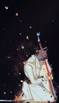 1boy black_hair blood bloody_weapon bug butterfly coat faceless full_body head_down head_tilt highres holding holding_sword holding_weapon horaceswarcsal impaled insect kim_dokja kneeling male_focus object_through_head omniscient_reader&#039;s_viewpoint open_clothes open_coat orange_butterfly short_hair solo sword sword_in_head too_many too_many_butterflies weapon white_butterfly white_coat