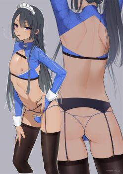 1boy artist_name back back_focus backless_panties black_hair black_thighhighs blue_panties breast_cutout bulge commentary_request cropped_legs dark-skinned_male dark_skin dated expressionless garter_belt grey_background hand_on_own_hip highres long_hair long_sleeves looking_at_viewer maid_headdress male_focus multiple_views nipple_piercing nipples original panties piercing purple_eyes simple_background smoking tall_male tawapo thighhighs thong trap underwear