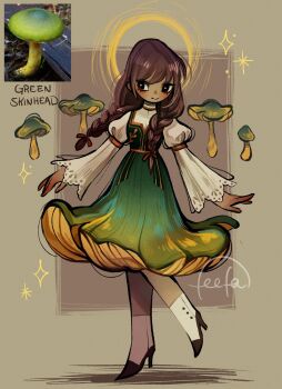 Rule 34 | 1girl, dress, english text, feefal, full body, funguary, highres, long hair, mushroom, mushroom girl, object and personification, original, personification, photo inset, procreate (medium), reference inset, signature, smile, solo