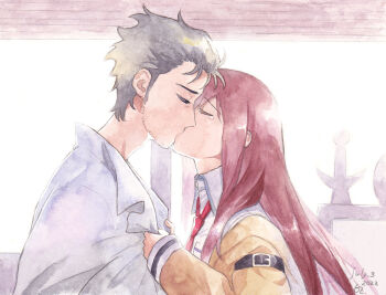 Rule 34 | 1boy, 1girl, adam's apple, arm belt, beard stubble, belt, black hair, breast pocket, breasts, brown hair, brown jacket, closed eyes, clothes grab, collar grab, collarbone, collared shirt, commentary request, couple, facial hair, hair between eyes, hair over shoulder, hetero, jacket, jacket partially removed, kiss, lab coat, lapels, leather belt, long hair, long sleeves, makise kurisu, messy hair, necktie, neckwear grab, notched lapels, okabe rintarou, pocket, purple trim, red necktie, rocni, school uniform, science adventure, shirt, small breasts, steins;gate, stubble, t-shirt, tearing up, white belt, white shirt