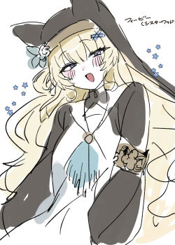 Rule 34 | 1girl, :d, absurdres, alternate costume, animal ear headwear, armband, black veil, blonde hair, blue archive, blue neckerchief, blunt bangs, blush, character name, commentary request, cosplay, dos dos121, dress, fake animal ears, flower, hair ornament, hair rings, highres, long hair, long sleeves, looking at viewer, mari (blue archive), mari (blue archive) (cosplay), neckerchief, nun, nun headdress, open mouth, phoebe (wuthering waves), purple eyes, sailor collar, sailor dress, side up ring, simple background, single hair ring, sketch, smile, solo, trait connection, translation request, upper body, veil, very long hair, white background, white dress, white flower, white sailor collar, wuthering waves, x hair ornament