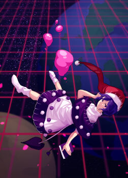 1girl blue_eyes blue_hair book doremy_sweet dream_world_(touhou) dress earth_(planet) floating furahata_gen hand_in_own_hair hand_on_book hat highres moon nightcap no_shoes planet pom_pom_(clothes) short_hair socks solo space star_(sky) tail touhou white_dress white_socks