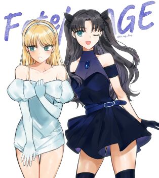 2girls ahoge alien_stage aqua_dress aqua_gloves artist_name artoria_pendragon_(fate) bare_shoulders black_bow black_gloves black_hair black_thighhighs blonde_hair blue_dress blue_eyes blue_gemstone blush bow breasts collarbone cosplay cowboy_shot dress dress_tug earrings elbow_gloves embarrassed fate/stay_night fate_(series) flat_chest gem gloves green_eyes hair_bow halter_dress halterneck headband highres jewelry long_hair looking_at_viewer looking_to_the_side medium_breasts mizi_(alien_stage) mizi_(alien_stage)_(cosplay) multiple_girls one_eye_closed open_mouth saber_(fate) short_dress strapless strapless_dress sua_(alien_stage) sua_(alien_stage)_(cosplay) thighhighs to_my_king tohsaka_rin twintails