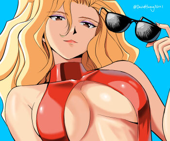 1girl bare_shoulders blonde_hair bodysuit breasts brown_eyes center_opening commentary_request david_huang golden_boy highres large_breasts lipstick long_hair looking_at_viewer makeup mature_female onna_shachou red_bodysuit solo sunglasses swimsuit wavy_hair