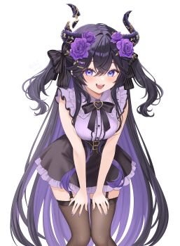 1girl absurdres bare_arms bare_shoulders bibixart black_hair black_skirt bow bowtie breasts brown_thighhighs center_frills commentary flower frilled_shirt frills garter_straps hair_bow hair_flower hair_ornament hands_on_own_thighs heart heart_o-ring highres horns indie_virtual_youtuber leaning_forward long_hair looking_at_viewer medium_breasts multicolored_hair nail_polish o-ring open_mouth purple_eyes purple_hair purple_nails purple_shirt shirt simple_background skirt sleeveless sleeveless_shirt smile solo symbol-only_commentary thighhighs two-tone_hair two_side_up unjaded_(vtuber) very_long_hair virtual_youtuber white_background zettai_ryouiki