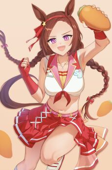 Rule 34 | 1girl, animal ears, belt, blush, braid, breasts, brown hair, carrot, collarbone, commentary request, fingerless gloves, flower-shaped pupils, flower in eye, gloves, hairband, highres, holding, horse ears, horse girl, horse tail, jewelry, large breasts, long hair, looking at viewer, midriff, navel, necklace, official alternate hairstyle, open mouth, pink belt, purple eyes, red gloves, red skirt, sakura bakushin o (red-hot leader) (umamusume), sakura bakushin o (umamusume), shirt, skirt, sleeveless, sleeveless shirt, smile, solo, stomach, symbol-shaped pupils, symbol in eye, tail, twin braids, umamusume, warashinaryou, white shirt