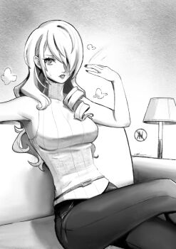1girl absurdres breasts commentary couch eightyfourart english_commentary eyelashes greyscale hair_over_one_eye highres hot kirijou_mitsuru lamp long_hair looking_at_viewer medium_breasts monochrome on_couch pants parted_lips persona persona_3 sitting sleeveless sleeveless_sweater solo sweatdrop sweater turtleneck turtleneck_sweater wavy_hair