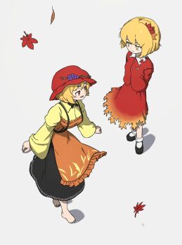 Rule 34 | 2girls, aki minoriko, aki shizuha, apron, arms behind back, barefoot, black shoes, black skirt, blonde hair, closed mouth, expressionless, from above, full body, gradient clothes, gradient skirt, grape hat ornament, grey background, hat, highres, leaf, long sleeves, maple leaf, maple leaf hair ornament, medium hair, multiple girls, open mouth, orange apron, orange skirt, red shirt, red skirt, shirt, shoes, skirt, smile, socks, touhou, uzou (uzooooooooo), wheat print, white socks, yellow shirt
