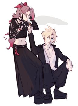 Rule 34 | 1boy, 1girl, aerith gainsborough, aerith gainsborough (midgard seventh high school), bandaid, bandaid on cheek, bandaid on face, black gloves, black jacket, black mask, black pants, black shirt, black shoes, black skirt, blonde hair, bracelet, breasts, brown hair, cigarette, closed eyes, cloud strife, cloud strife (midgard seventh high school), colored tips, crop top, delinquent, final fantasy, final fantasy vii, final fantasy vii: ever crisis, floral print, gakuran, gloves, hair between eyes, hair ribbon, highres, holding, holding lighter, j1nxxdd, jacket, jewelry, lighter, long hair, long skirt, mask, mask pull, medium breasts, midriff, mouth mask, multicolored hair, navel, official alternate costume, pants, platform shoes, pleated skirt, ponytail, red hair, red ribbon, ribbon, school uniform, shirt, shoes, short hair, sketch, skirt, smoke, smoking, spiked hair, sukeban, white background, white shirt