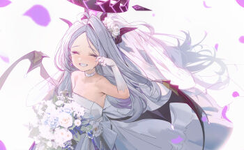 1girl absurdres alternate_costume armpits bare_shoulders black_halo blue_archive blue_flower blush bouquet bridal_veil choker closed_eyes demon_girl demon_horns demon_wings dress drive_shot elbow_gloves flower gloves grin hair_flower hair_ornament halo happy_tears highres hina_(blue_archive) holding holding_bouquet horns long_hair sleeveless sleeveless_dress smile solo strapless strapless_dress tears veil wedding_dress white_choker white_flower white_gloves white_hair wings wiping_tears