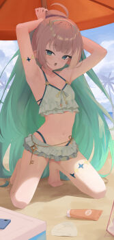 1girl ahoge armpits arms_behind_head artist_name barefoot beach beach_umbrella bikini bikini_skirt blue_eyes blue_ribbon cellphone collarbone colored_inner_hair commentary cooler english_commentary feet female_tyrant_(stella_sora) female_tyrant_(swimsuit)_(stella_sora) frilled_bikini frills green_hair grey_hair hair_ornament hair_ribbon hairband high_ponytail highres key kneeling long_hair looking_at_viewer lotion multicolored_hair navel nev_(nevblindarts) ocean official_alternate_costume open_mouth paid_reward_available palm_tree phone pointy_ears ponytail ribbon sand shell signature smartphone stella_sora stomach sunscreen swimsuit toes tree tyrant_(stella_sora) umbrella very_long_hair water white_bikini white_hairband