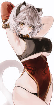 1girl absurdres animal_ear_fluff animal_ears armpits arms_behind_head arms_up bare_shoulders bbeedol bell black_panties black_shirt breasts cat_ears cat_girl cat_tail closed_mouth commentary commission covered_navel cowboy_shot crop_top detached_sleeves english_commentary facial_mark gold_trim high-waist_skirt highres jingle_bell large_breasts long_sleeves looking_at_viewer original panties pelvic_curtain red_skirt shirt short_hair simple_background single_detached_sleeve single_sleeve skirt sleeveless sleeveless_shirt solo string_panties tail thighs underboob underwear white_background white_hair yellow_eyes