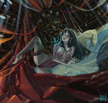 1girl artist_name black_hair blush breasts choker closed_mouth commentary covered_navel dutch_angle earrings english_commentary highres jewelry large_breasts leotard long_hair looking_at_viewer lying marvel marvel_rivals nail_polish on_side paid_reward_available psylocke purple_eyes purple_lips solo spread_legs tatti_art thighhighs variant_set wide_hips
