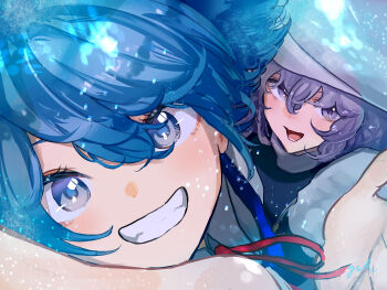 2girls absurdres blue_dress blue_eyes blue_hair cirno commentary_request dress eneshi fairy grin hair_between_eyes hat highres letty_whiterock long_sleeves looking_at_viewer medium_hair multiple_girls outstretched_arm parted_lips purple_eyes purple_hair reaching reaching_towards_viewer shirt signature smile snow teeth touhou wavy_hair white_shirt yuki_onna