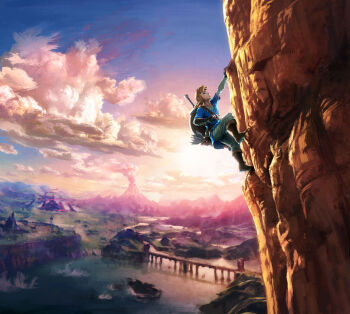 1boy arm_up arrow_(projectile) aura blonde_hair blue_eyes blue_sky blue_tunic boots bridge brown_boots castle cliff climbing closed_mouth cloud dark_aura day from_side gradient_sky hand_up highres image_sample knee_boots layered_sleeves leg_up link long_sleeves looking_up male_focus mountainous_horizon nintendo no_lineart official_art orange_sky outdoors outstretched_arm pants pointy_ears ponytail quiver river sheikah_tower shield shield_on_back short_hair short_over_long_sleeves short_sleeves sidelocks single_vambrace sky smoke solo sunrise sword takumi_wada the_legend_of_zelda the_legend_of_zelda:_breath_of_the_wild third-party_source tunic undershirt vambraces very_wide_shot volcano weapon weapon_on_back white_pants