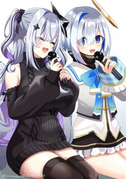 2girls amane_kanata amane_konata bare_shoulders black_halo black_skirt black_sweater blue_hair blush breasts closed_eyes commentary_request flat_chest grey_hair halo highres holding holding_microphone hololive jacket karaoke large_breasts microphone multicolored_hair multiple_girls purple_hair siblings simple_background sitting skirt ssssanuka star_halo streaked_hair sweater twins two-tone_hair virgin_killer_sweater virtual_youtuber white_background white_jacket yellow_halo