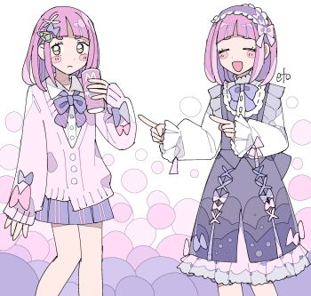 1girl :&lt; :d alternate_costume arched_bangs blush_stickers bow bowtie can cardigan closed_eyes collared_shirt dress frilled_dress frills hair_ornament hairclip highres holding holding_can lacey_(pokemon) long_sleeves looking_at_viewer maid_headdress multiple_views nintendo open_mouth pink_bow pink_cardigan pink_hair pokemon pokemon_sv purple_bow purple_bowtie purple_dress purple_skirt remoooon shirt short_hair simple_background skirt smile solo standing upper_body white_background white_shirt white_sleeves yellow_eyes