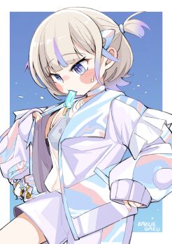 1girl artist_name banpen_(todoroki_hajime) black_sports_bra blonde_hair blue_background blush_stickers bra_visible_through_clothes choker food food_in_mouth gradient_hair highres hololive hololive_dev_is hot iridescent iridescent_jacket jacket kakue_gaku looking_down mouth_hold multicolored_hair no_pupils popsicle popsicle_in_mouth purple_eyes purple_hair purple_streaks ringed_eyes see-through_clothes see-through_shirt shirt short_hair shorts signature small_sweatdrop solo sports_bra streaked_hair sweat sweaty_clothes t-shirt todoroki_hajime todoroki_hajime_(1st_costume) two_side_up virtual_youtuber wet wet_clothes wet_shirt white_choker white_jacket white_shirt white_shorts