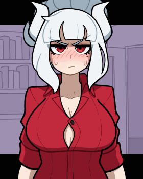 1girl animated animated_gif blush bouncing_breasts breasts button_gap buttons demon_horns embarrassed helltaker horns huge_breasts lucifer_(helltaker) medium_hair mole mole_under_eye nipples popped_button red_eyes red_shirt shirt solo wardrobe_malfunction wavy_mouth white_hair